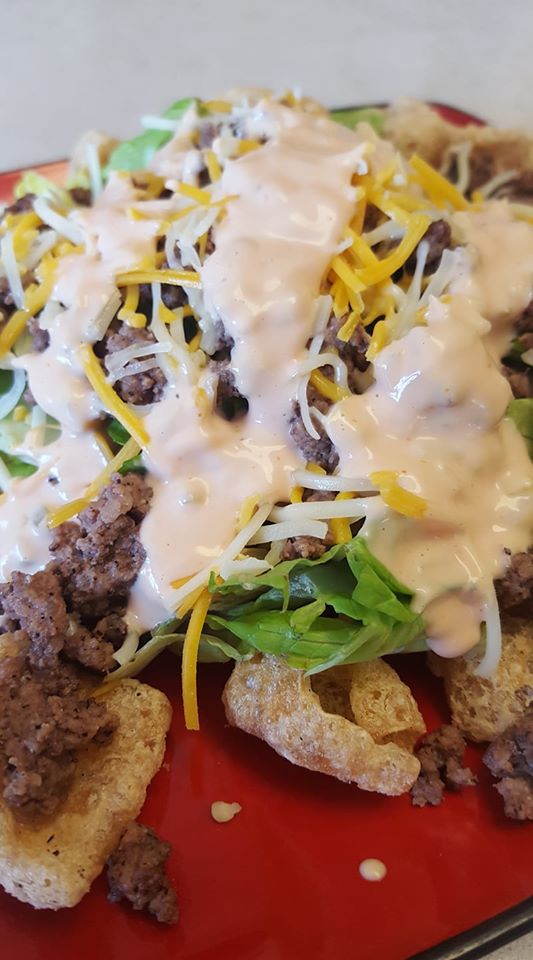 keto big mac sauce on pork rinds, beef, lettuce and cheese