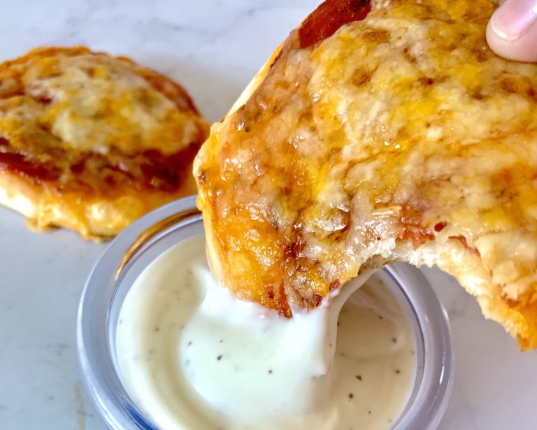 mini pizza dipped in ranch dressing