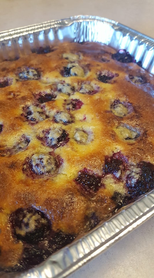 keto blackberry cobbler in a tin pan