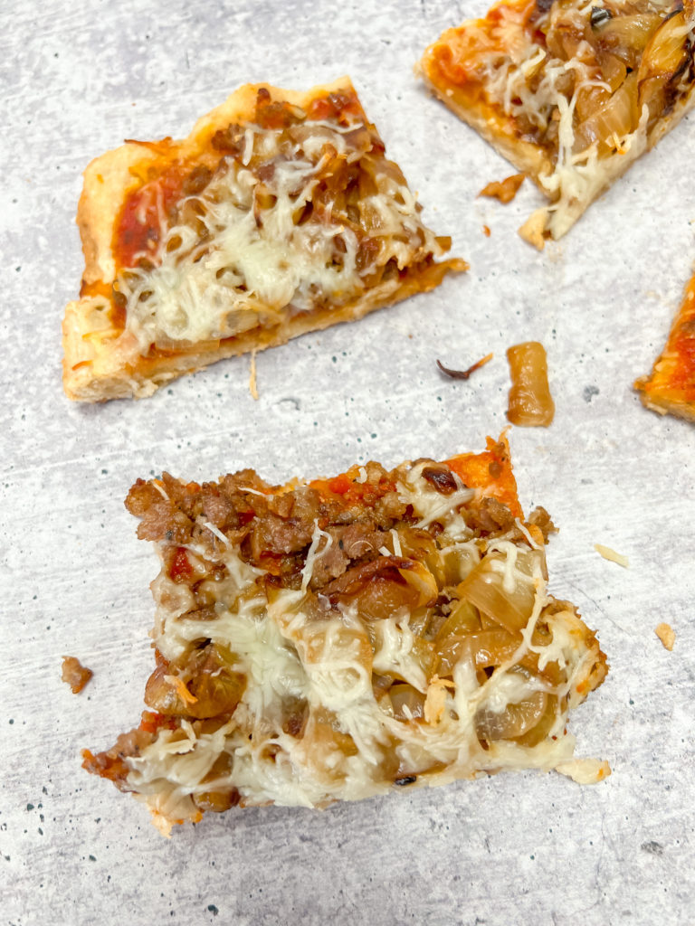 Breakfast Sausage and Caramelized Onion Sheet Pan Pizza