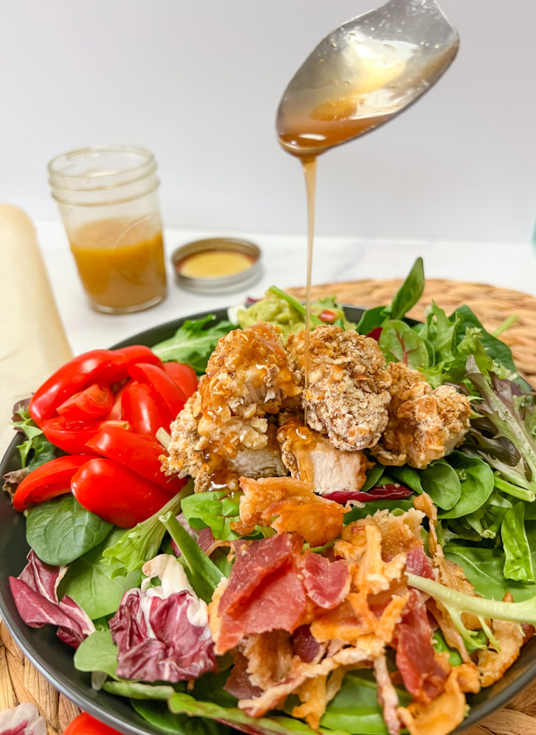 Honey Mustard Pretzel Chicken and Avocado Bacon Salad