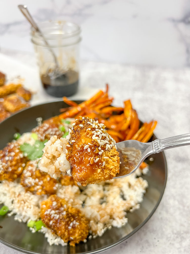 Sheet Pan Sticky Ginger Sesame Chicken and Crispy Sweet Potato Fries