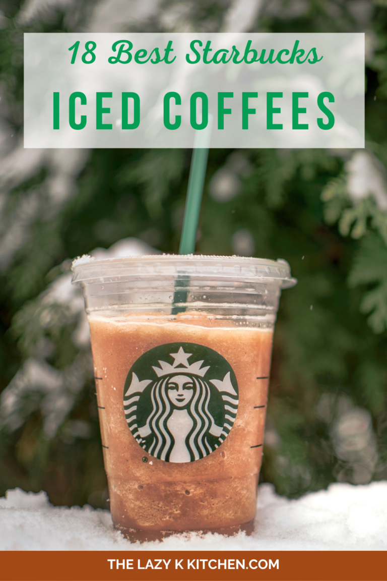 Pinterest pic of Starbucks iced coffee in front of a cedar tree