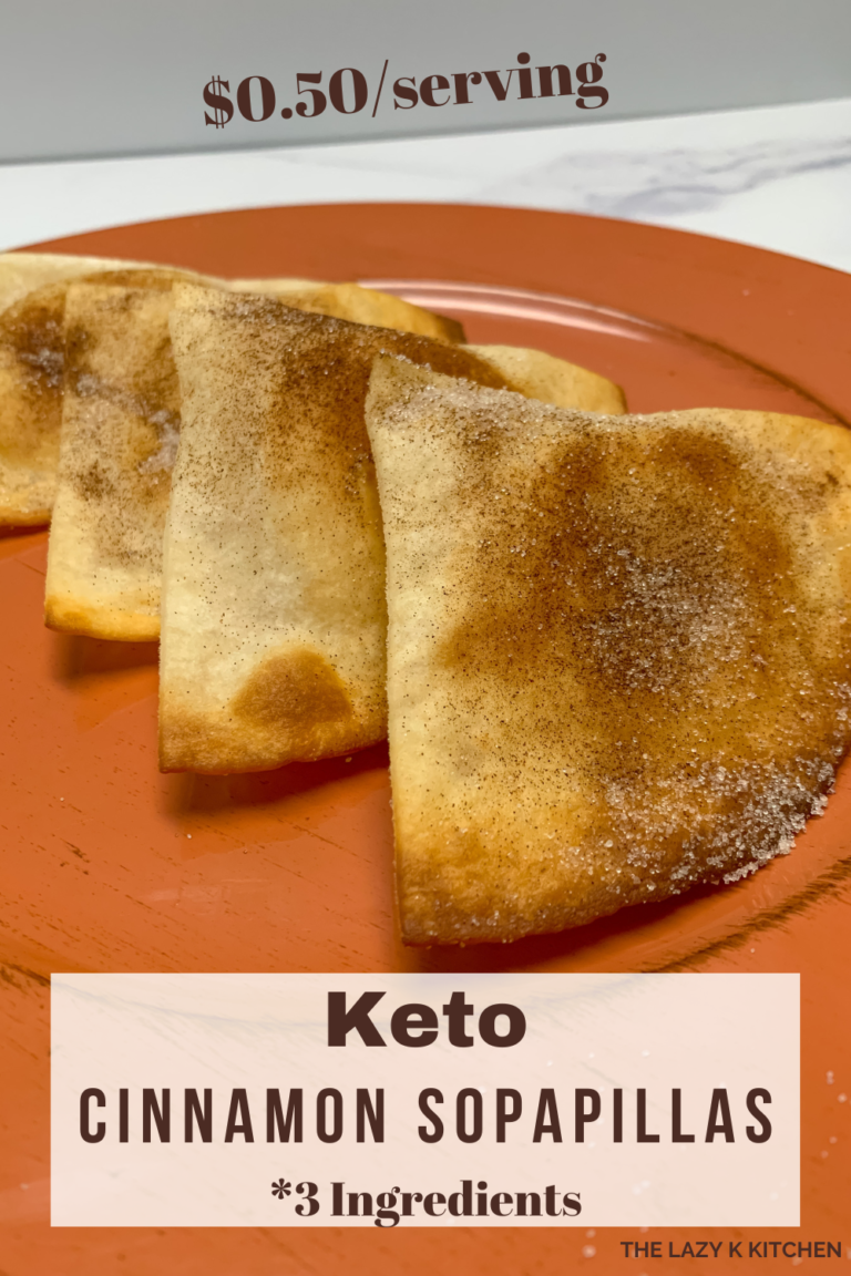 Pinterest pin of 4 keto cinnamon sopapillas on an orange plate