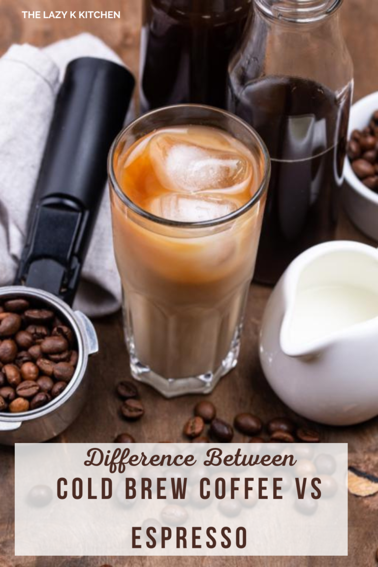 Pinterest pic of cold brew coffee with creamer and coffee beans on the side