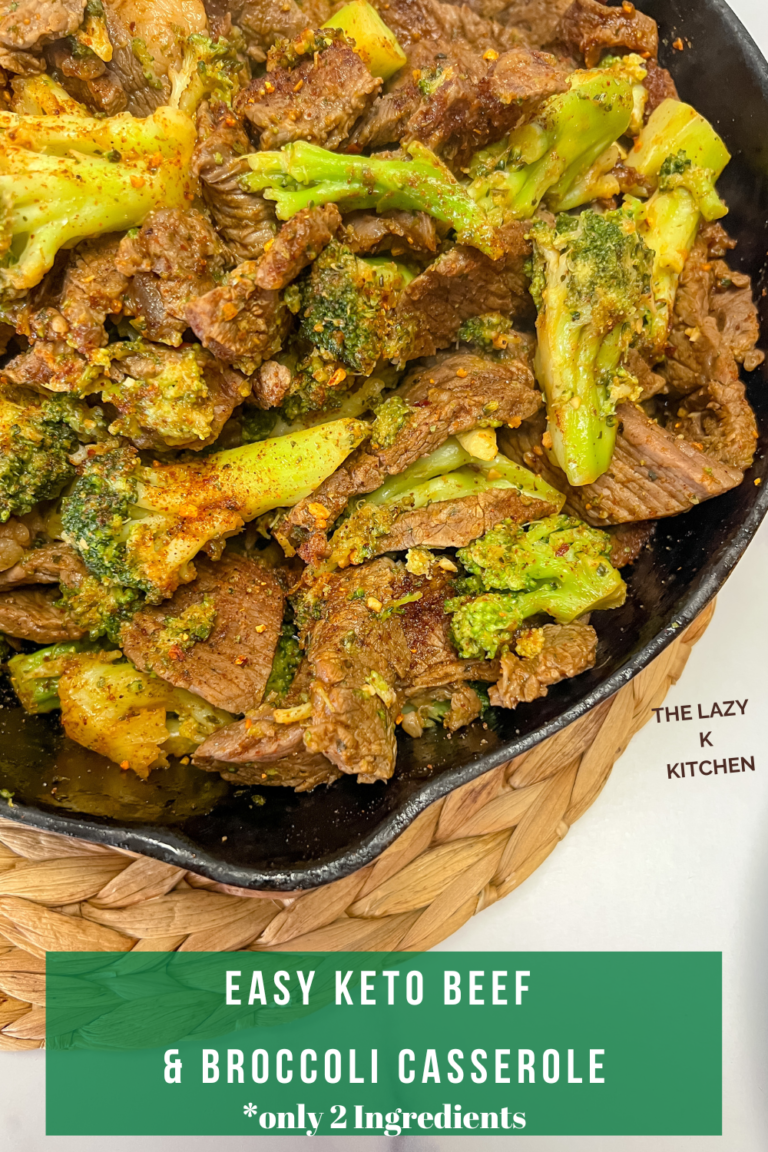Pinterest pic of beef and broccoli casserole in a cast iron skillet