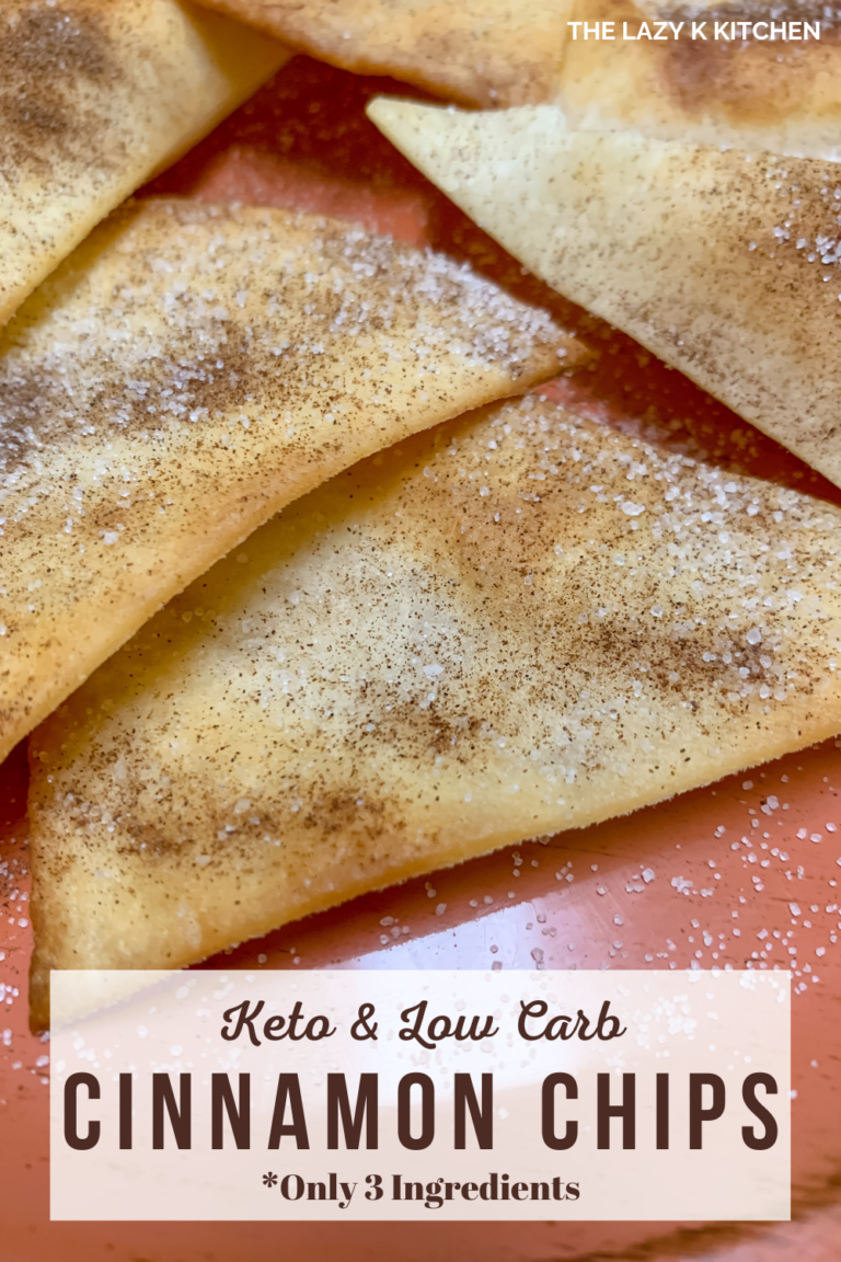 Pinterest pic of Keto cinnamon sugar tortilla chips on an orange plate