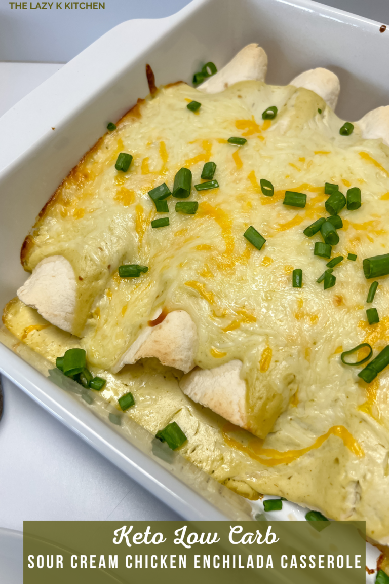 Pinterest pic of keto chicken enchilada casserole in a white baking dish