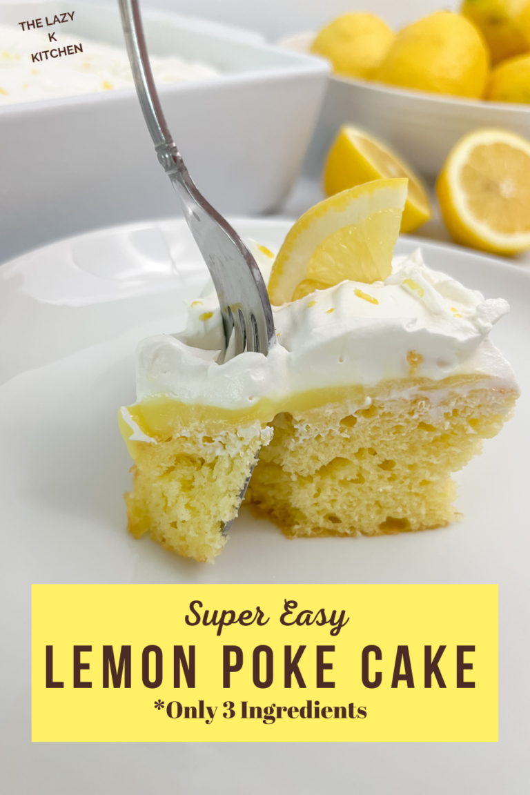 Pinterest pic of a slice of lemon poke cake on a white plate