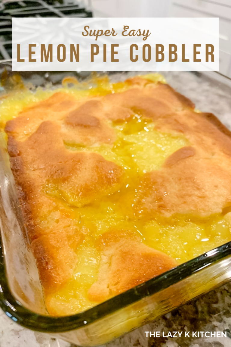 lemon pie cobbler in a clear glass baking dish