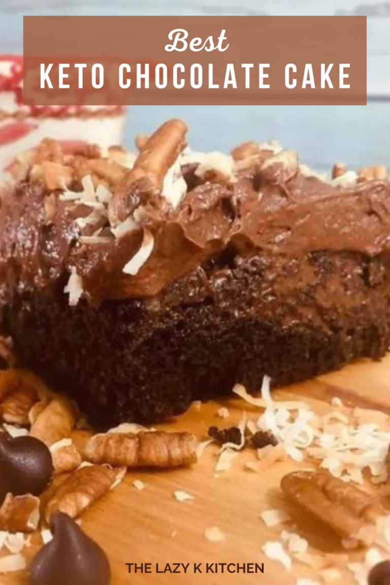 Pinterest pic of keto chocolate cake and chocolate frosting on a brown table