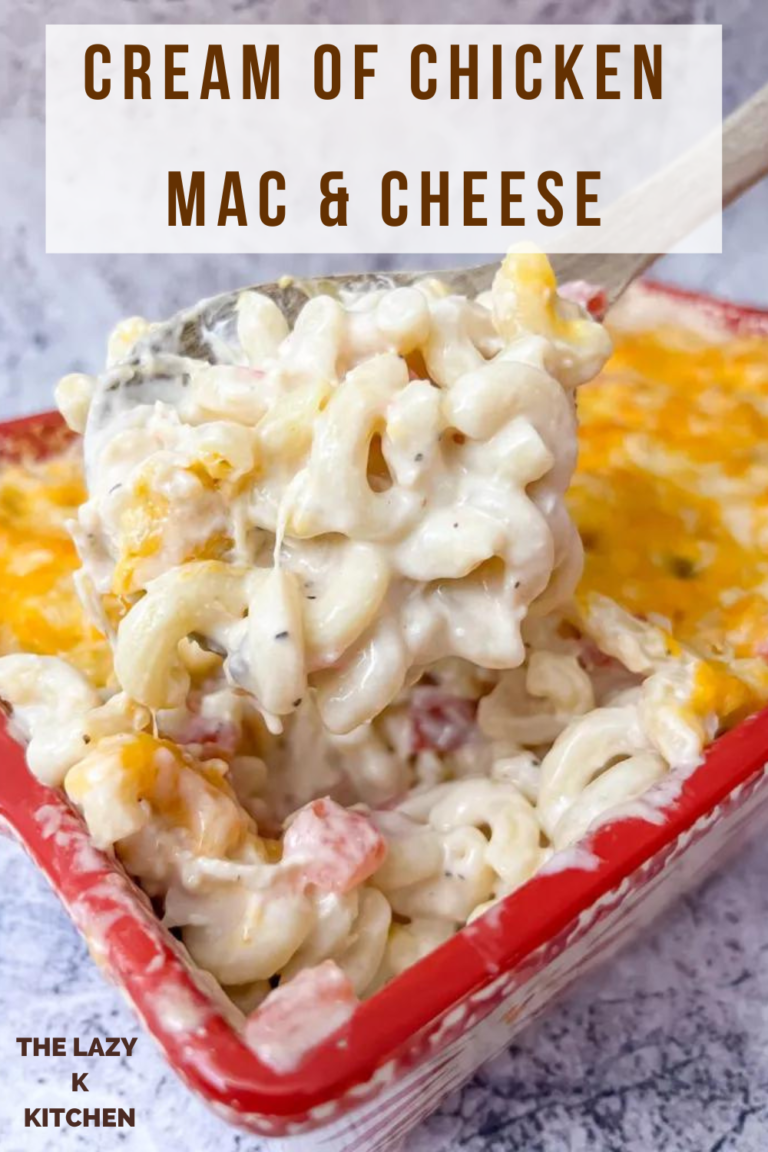 Pinterest pic of cream of chicken mac & cheese in a red baking dish