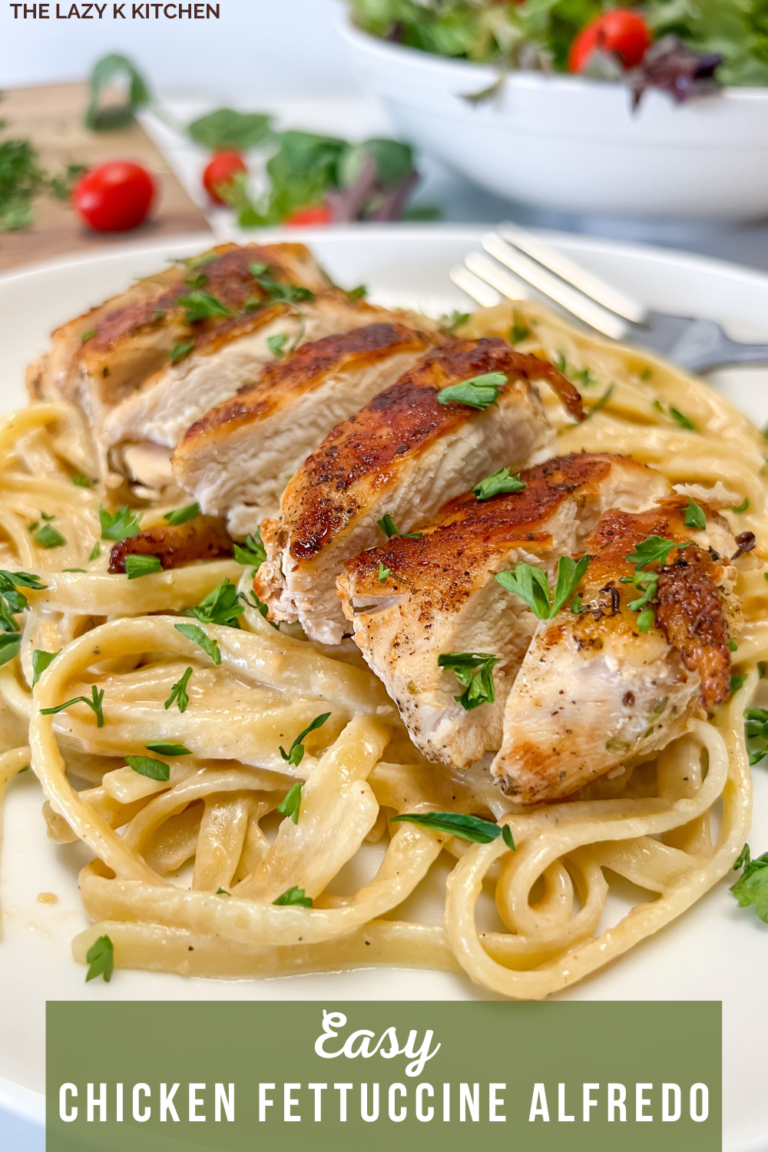 Pinterest pic of chicken fettuccine alfredo in a white plate