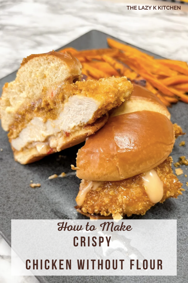 Pinterest pic of a breaded chicken sandwich on a gray plate placed on a marble table