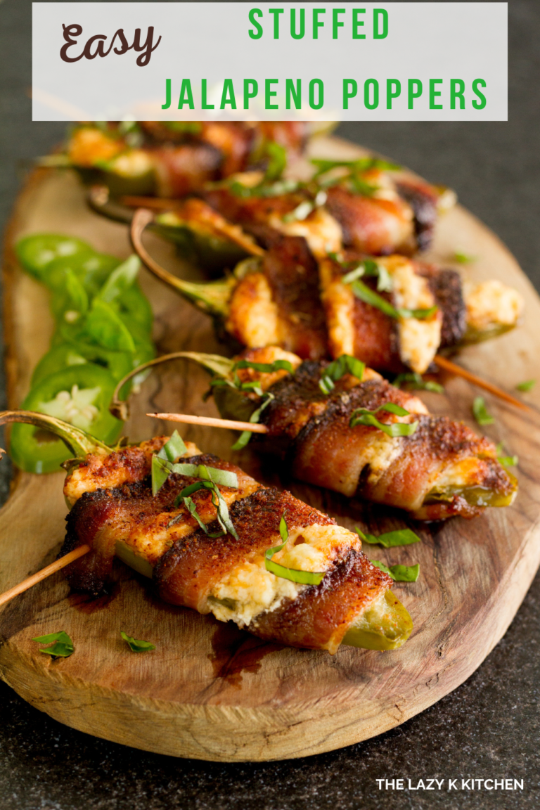 Pinterest pic of stuffed jalapeno poppers on a cutting board