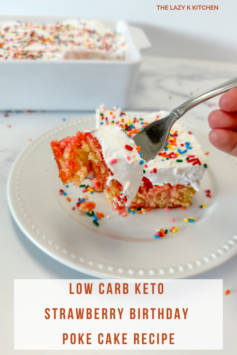 Pinterest pin of low carb keto strawberry birthday poke cake recipe