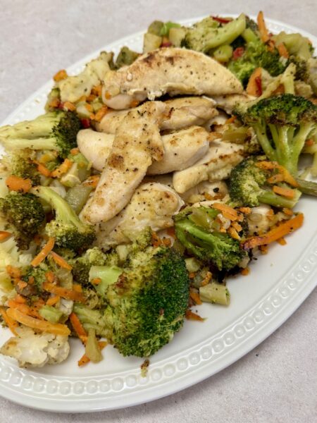 chicken and vegetables on a white plate