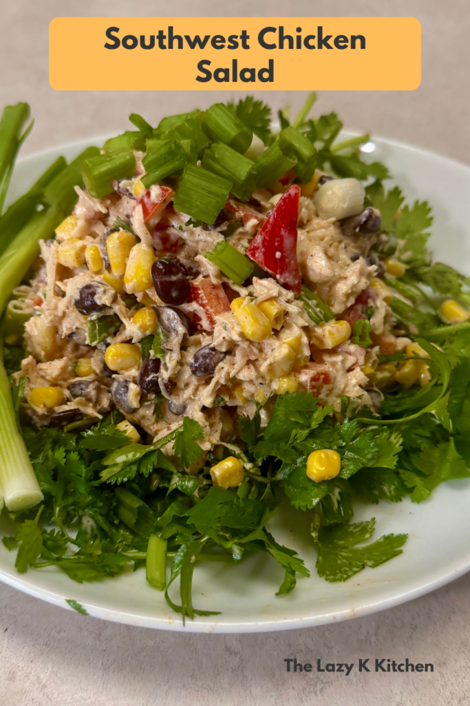 Pinterest picture of southwest chicken salad on a white plate.
