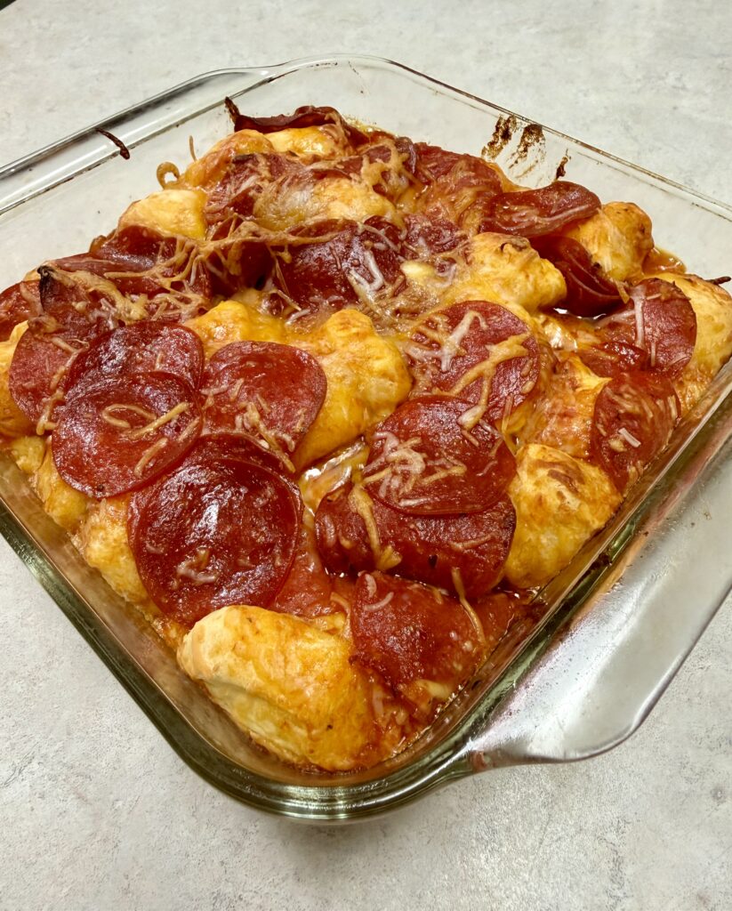 Picture of a pizza bake in a baking dish