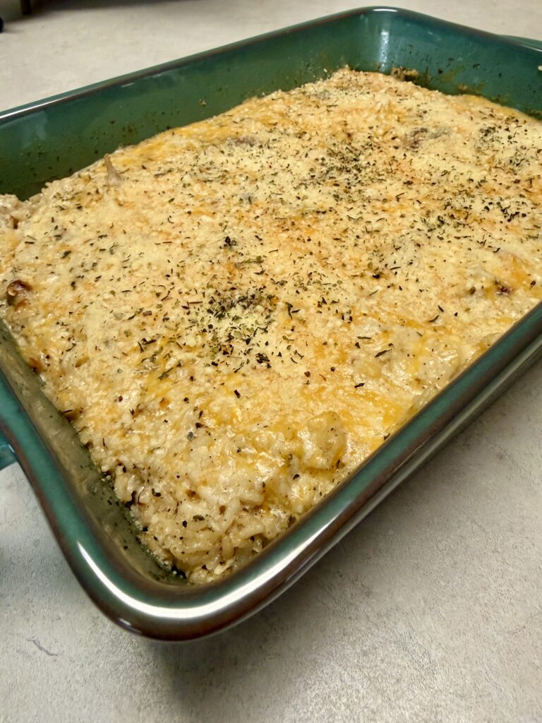 pic of chicken alfredo rice casserole in a baking dish