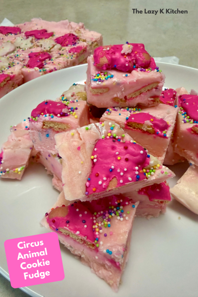 Pinterest pic of circus animal cookie fudge on a white plate