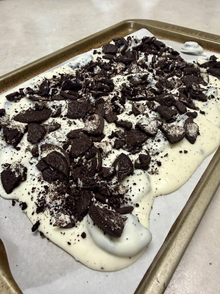 Picture of Oreo bark on a baking sheet