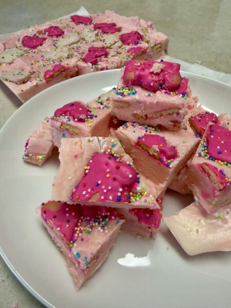 circus fudge on a white plate