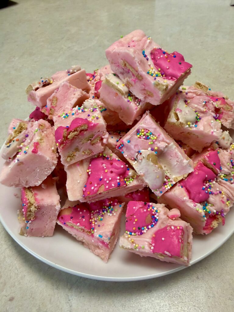 Picture of circus animal cookie fudge on a white plate