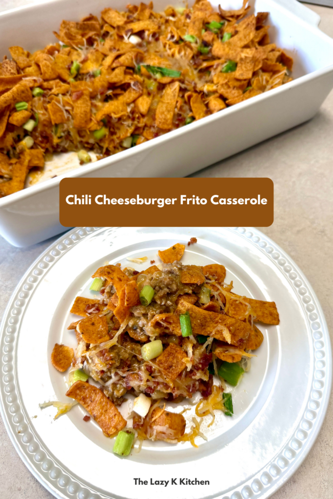 Pinterest pic of Frito casserole in a baking dish and white plate