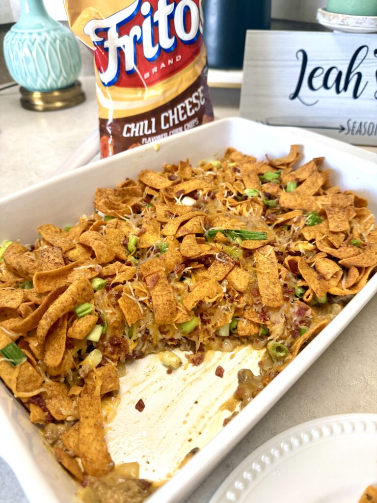 Picture of Frito casserole in a white baking dish