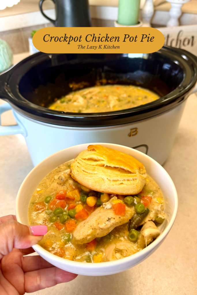 Pinterest picture of a bowl and crockpot with chicken pot pie inside.