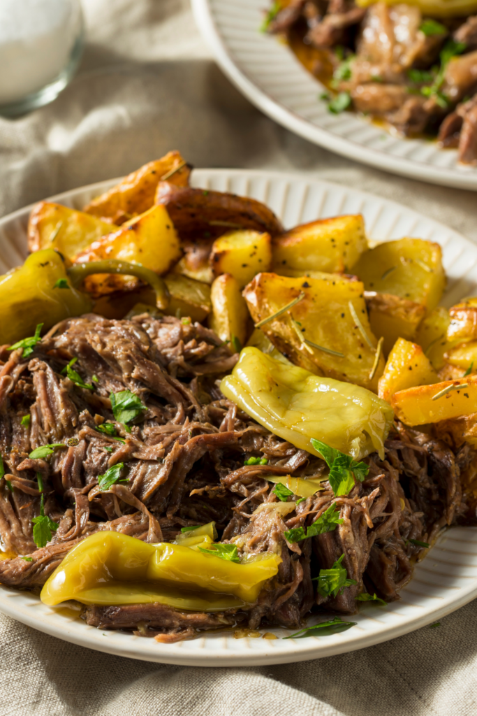 Picture of Mississippi pot roast on a white plate.