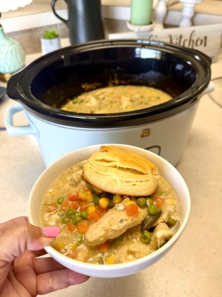 chicken pot pie in a white bowl