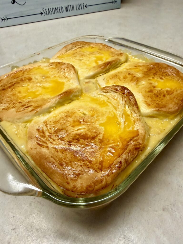 Picture of 3 ingredient chicken pot pie in a baking dish.