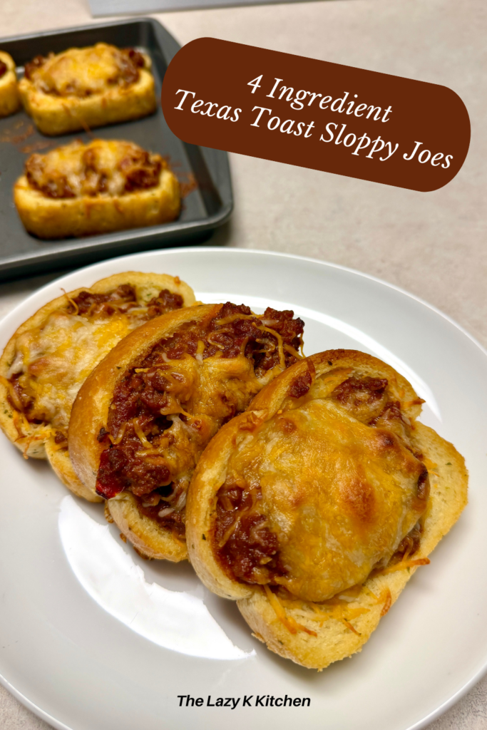 Pinterest pic of 4 ingredient Texas toast sloppy joes on a white dish and a baking sheet pan.
