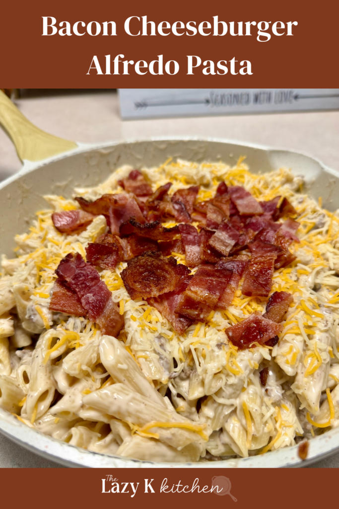 Pinterest pic of alfredo pasta in a white skillet
