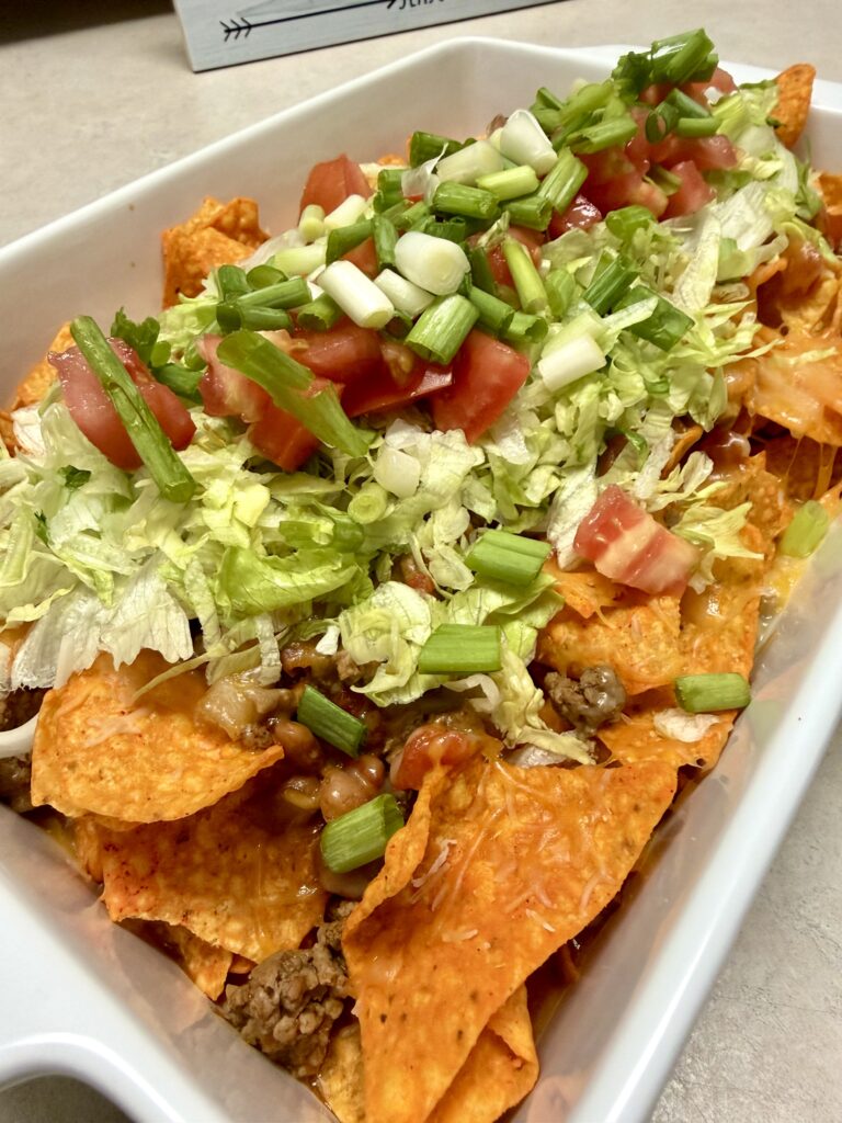 white baking dish of taco casserole