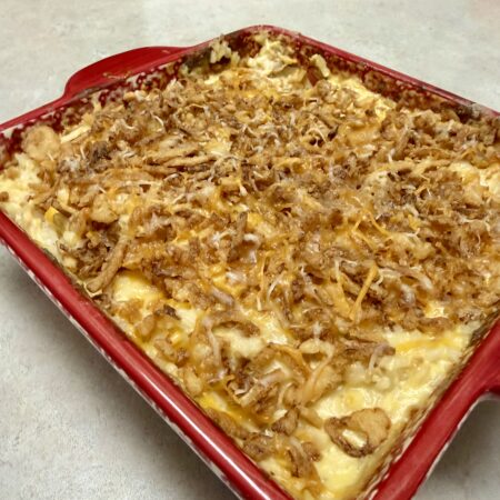chicken casserole in a red baking dish