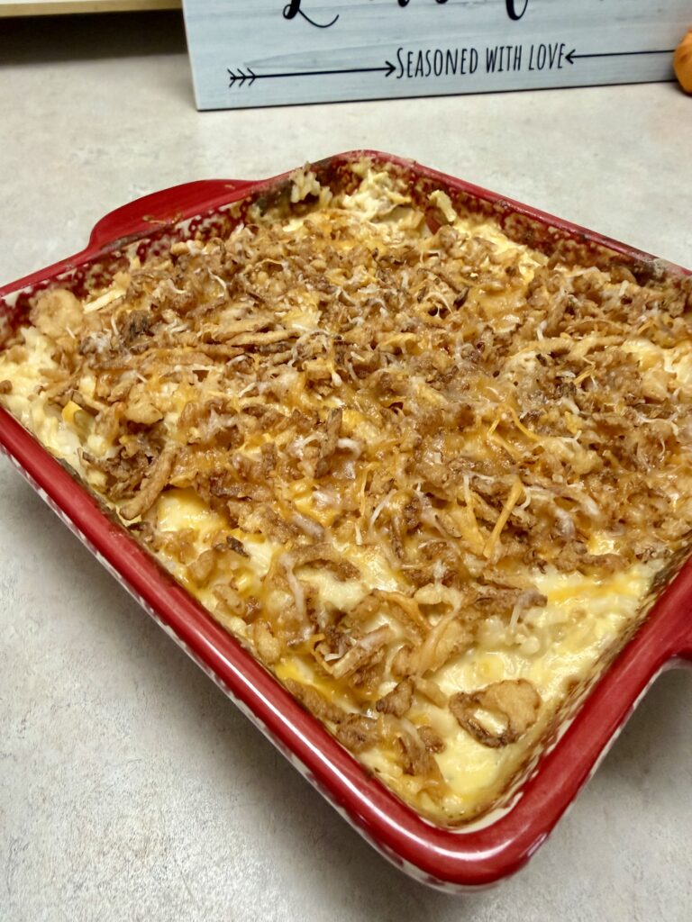 french onion chicken rice casserole in a baking dish