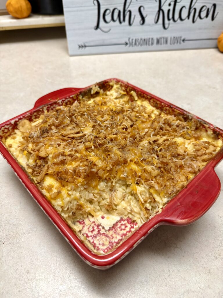 chicken casserole in a red baking dish