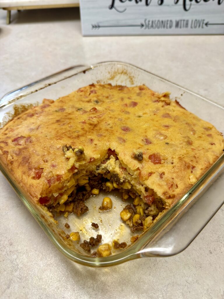 taco cornbread in a 9x9 pan