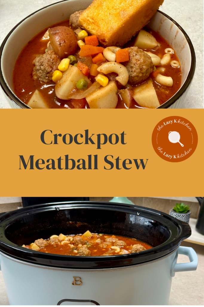 Pinterest pic of crockpot meatball stew in a bowl