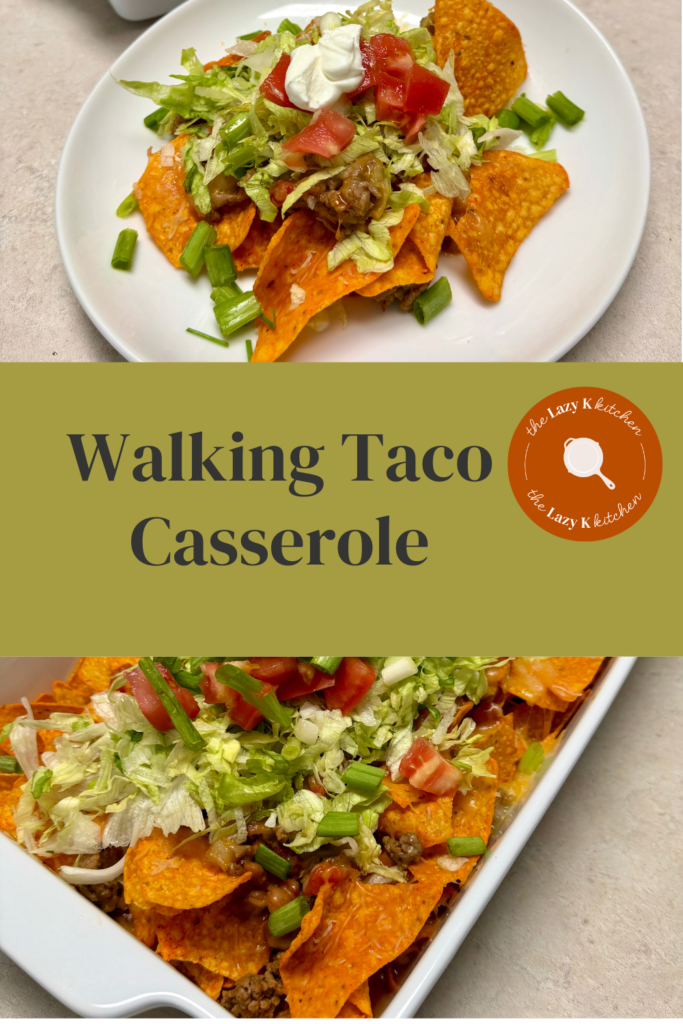 Pinterest pic of walking taco casserole on white dishes