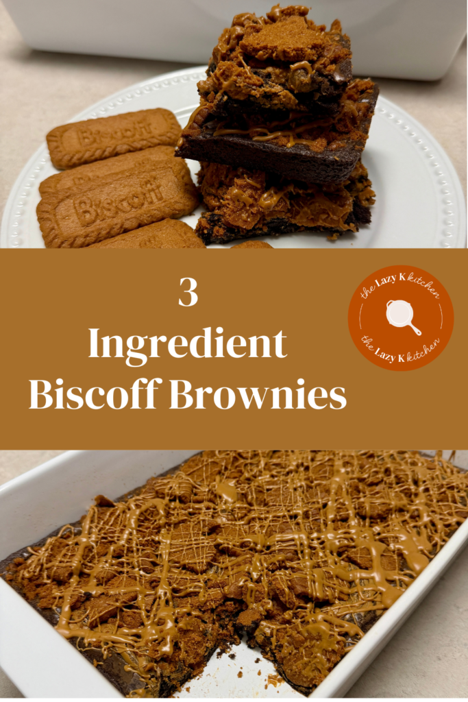 Pinterest pic of Biscoff brownies stacked on a white plate