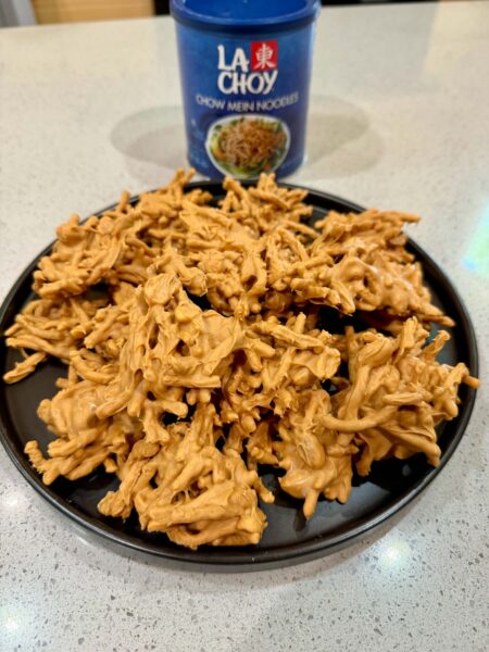 haystack cookies on a black plate