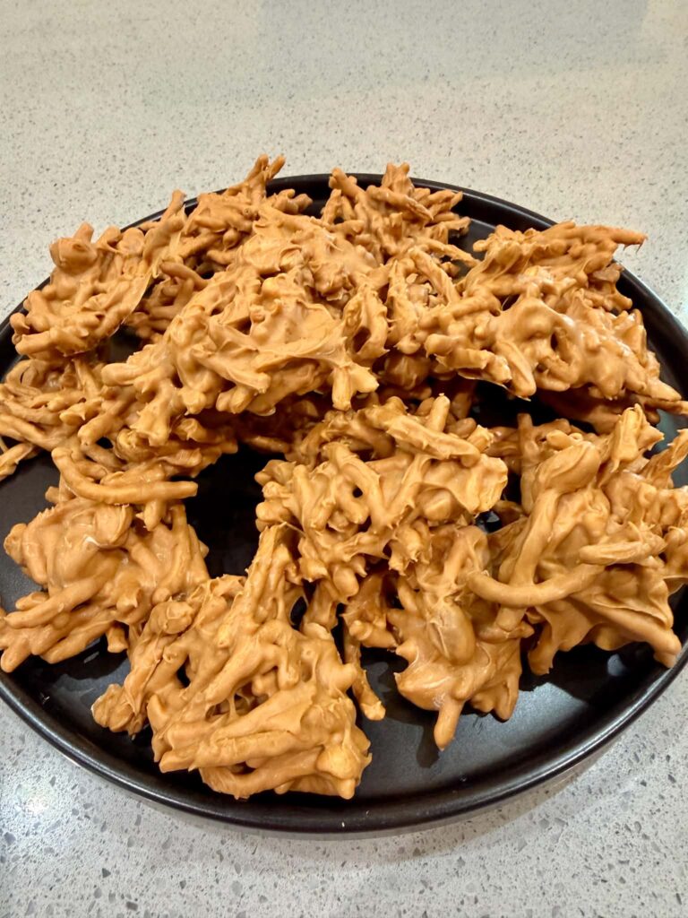 a plate of no bake haystack cookies